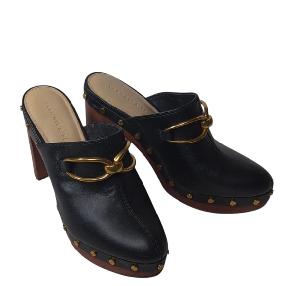 Veronica Beard Giles Black Leather Studded Clogs Mules with Chunky Wooden Heel - Picture 1 of 16